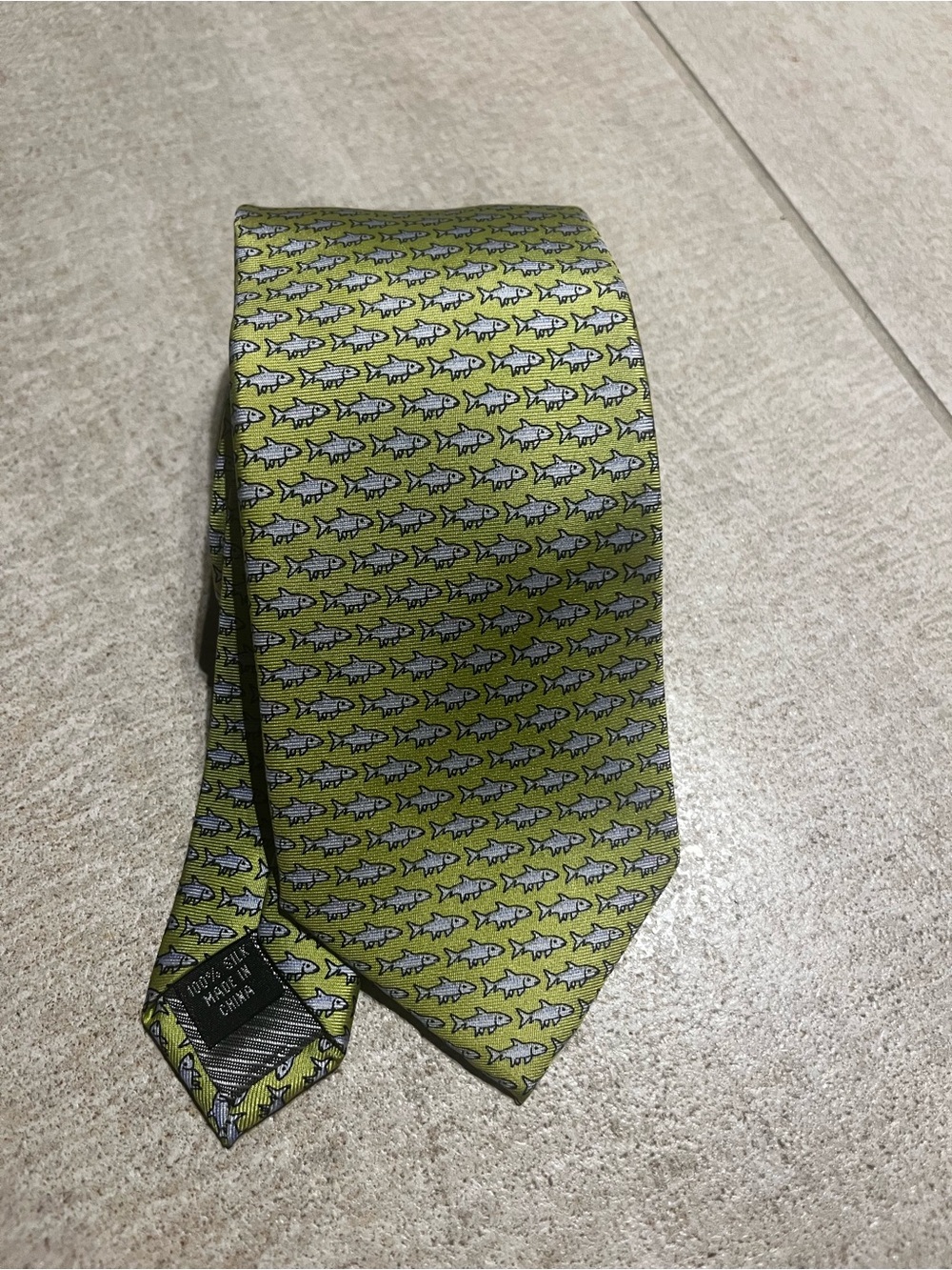 Lord & Taylor Lime Green Fish Motif Silk Tie